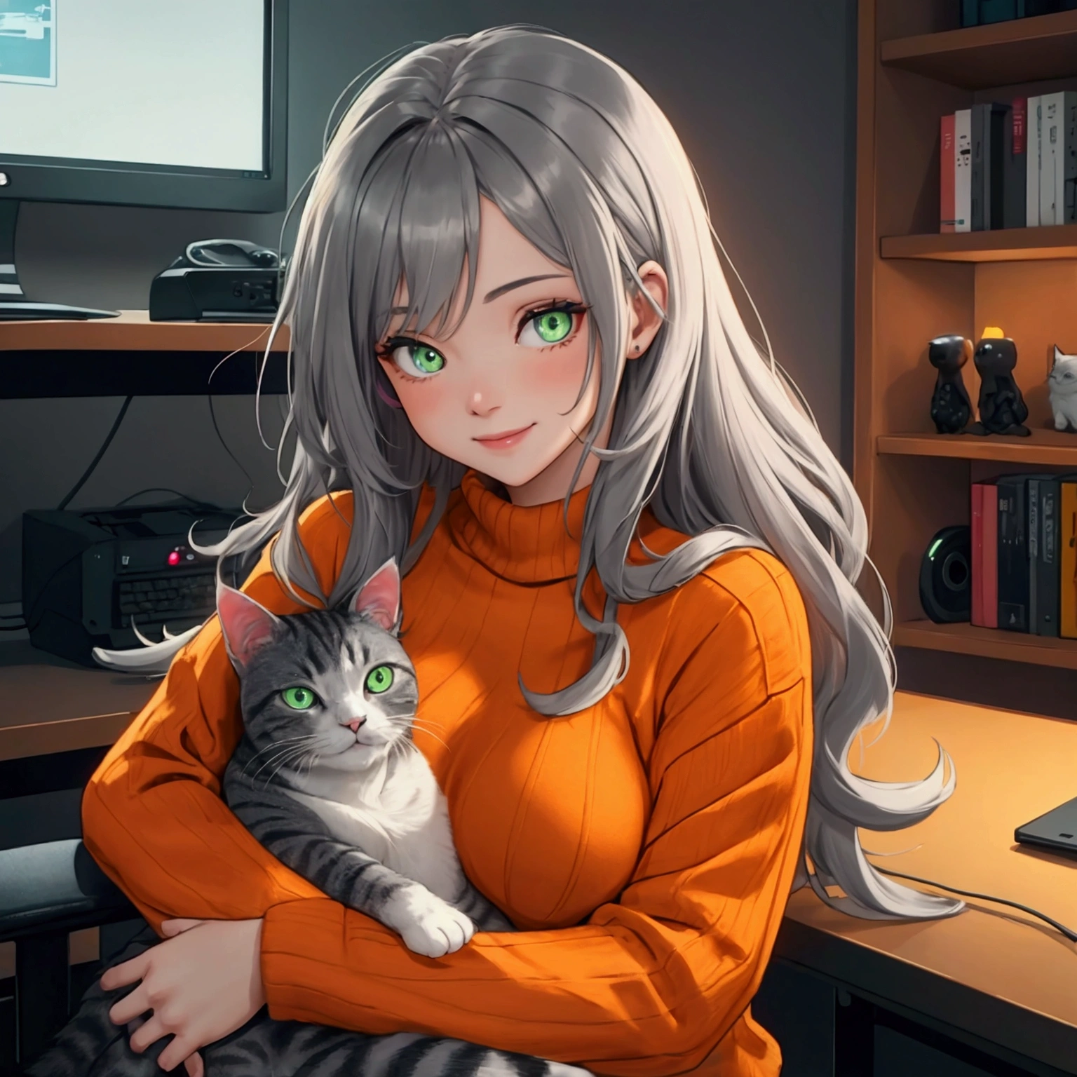 Create a girl 2. beautiful medium breasts. Dressed in a knitted orange sweater. Sitting in a gaming computer room with beautiful neon lights. With ash-colored hair and gray-green eyes. Frontal position of bodies. The cat is dark gray. fluffy. The girl hugging the cat is happy and smiling. colorful picture. Love. long hair. European facial features. 8k rendering. Home comfort.