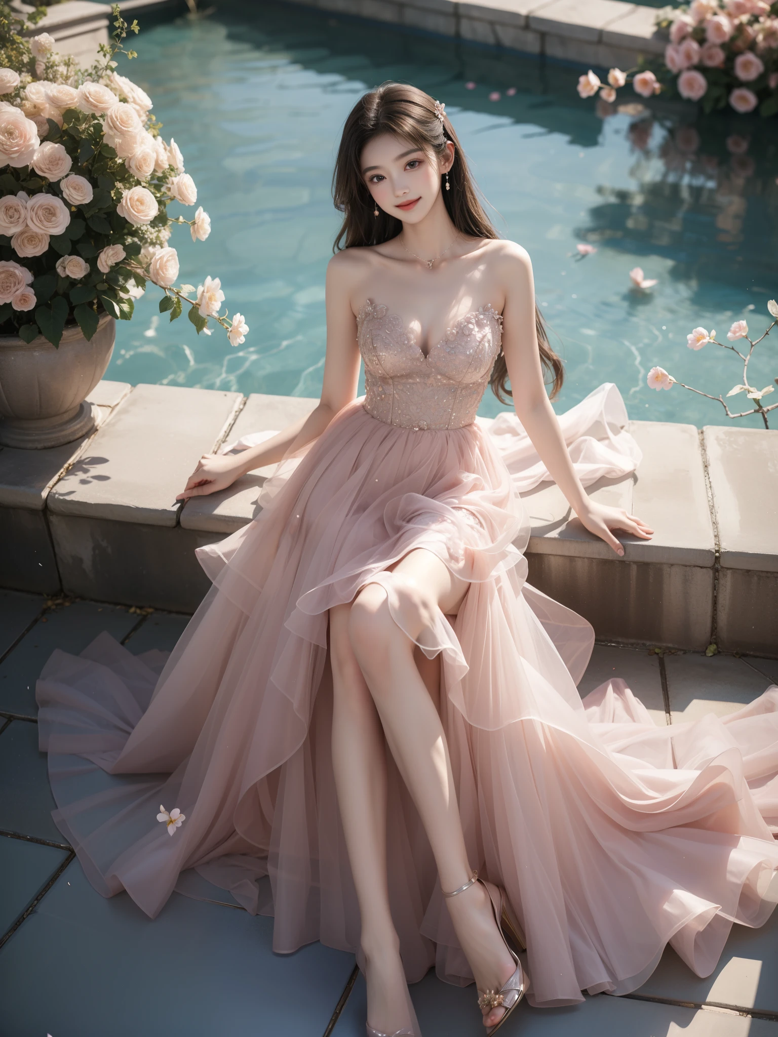 dress((Girl lying in the swimming pool))、She gently lifted her skirt with one hand,Make gentle and playful gestures,((Lots of flowers瓣)), Lots of flowers,Many petals scattered,Cherry tree,Petals are flying all over the sky,Beautiful and charming woman, Elegantly, Her full breasts revealed.,Visible cleavage,Natural legs,Sexy long legs,Various slim and cute beauties, Her long hair poured down like a waterfall。She is smiling wide,Eyes sparkling,Her skin is flawless。Her curves are highlighted。Shine in the light,The color is pastel,She lay confidently,One hand on hip,Her posture is both graceful and strong..。She wore elegant high heels,It matches her dress very well.。In the warm golden sun。The overall atmosphere of the picture is peaceful and uplifting,Emphasis on natural beauty and elegance, Studio Lighting,Vibrant colors, Cute girl, sweet smile, cosmetic,Shy,blush,open mouth,Heavy breathing,moan,超realism,realism,Movie Lighting,Comfort,Sony FE GM,Retina,masterpiece,precise,Anatomically correct,Textured Skin,Super Detail,High Detail,best quality,rich and colorful