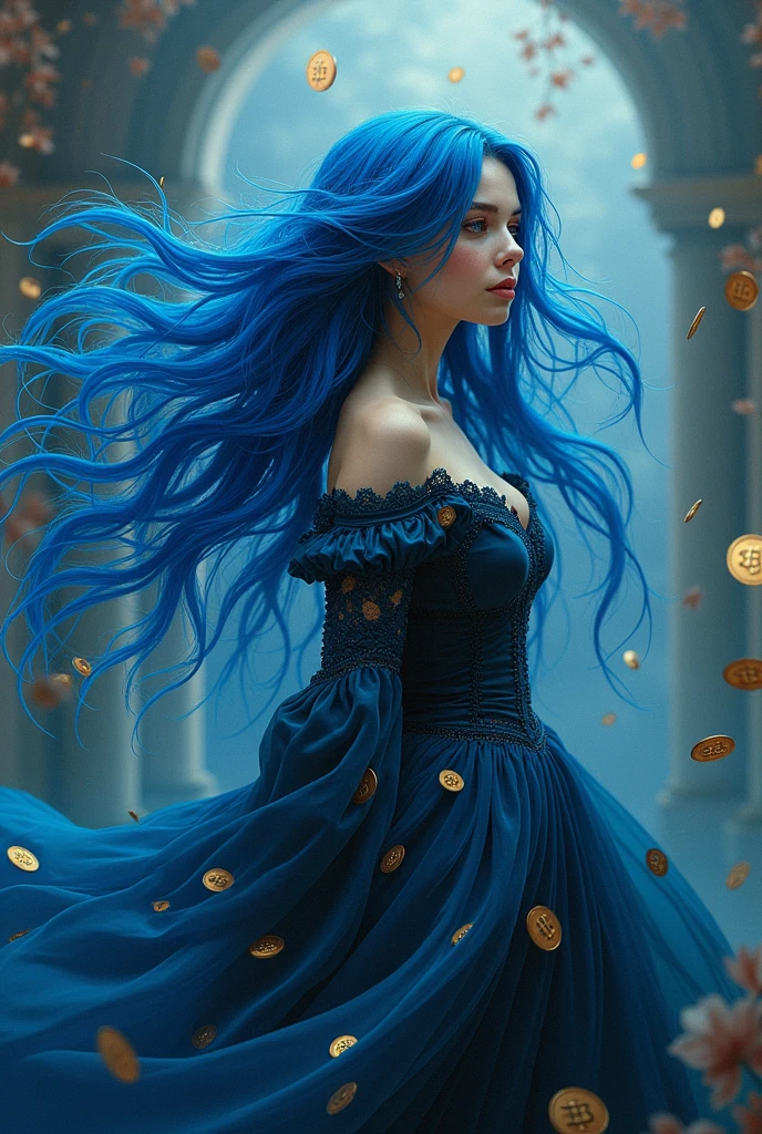 A goddess with long, flowing dark blue hair and piercing blue eyes. Her skin is white and flawless, and her expression is fierce yet calm. She wears a flowing golden dress adorned with intricate golden accessories, and her hair cascades down to her waist. Her body is tall and slender, with a deceiving appearance reminiscent of a guitar body.
Her nose is pointed and delicate....
With a watch clock in her hand and accessories in her head
Realistic