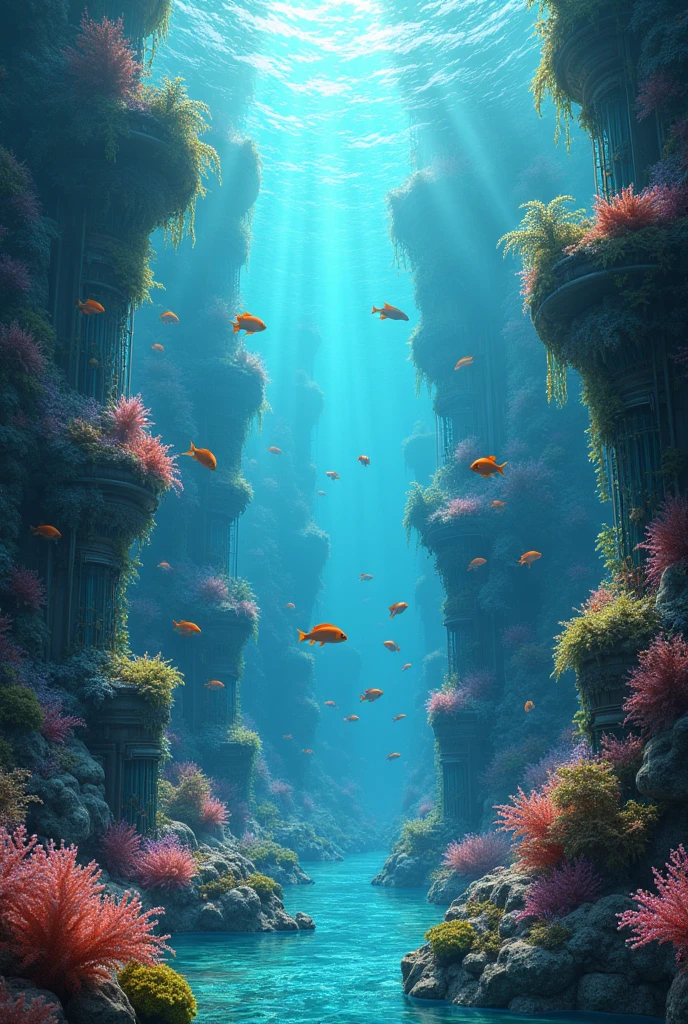 Create a serene underwater city bathed in soft, ethereal light. The city’s architecture should blend seamlessly with the ocean floor, featuring structures made of coral, glass, and bioluminescent materials. Schools of colorful, glowing fish swim through the city streets, while gentle sea currents cause kelp and other aquatic plants to sway gracefully. The atmosphere should be tranquil, with a dreamlike quality, as rays of sunlight filter through the water, casting shimmering patterns over the entire scene.