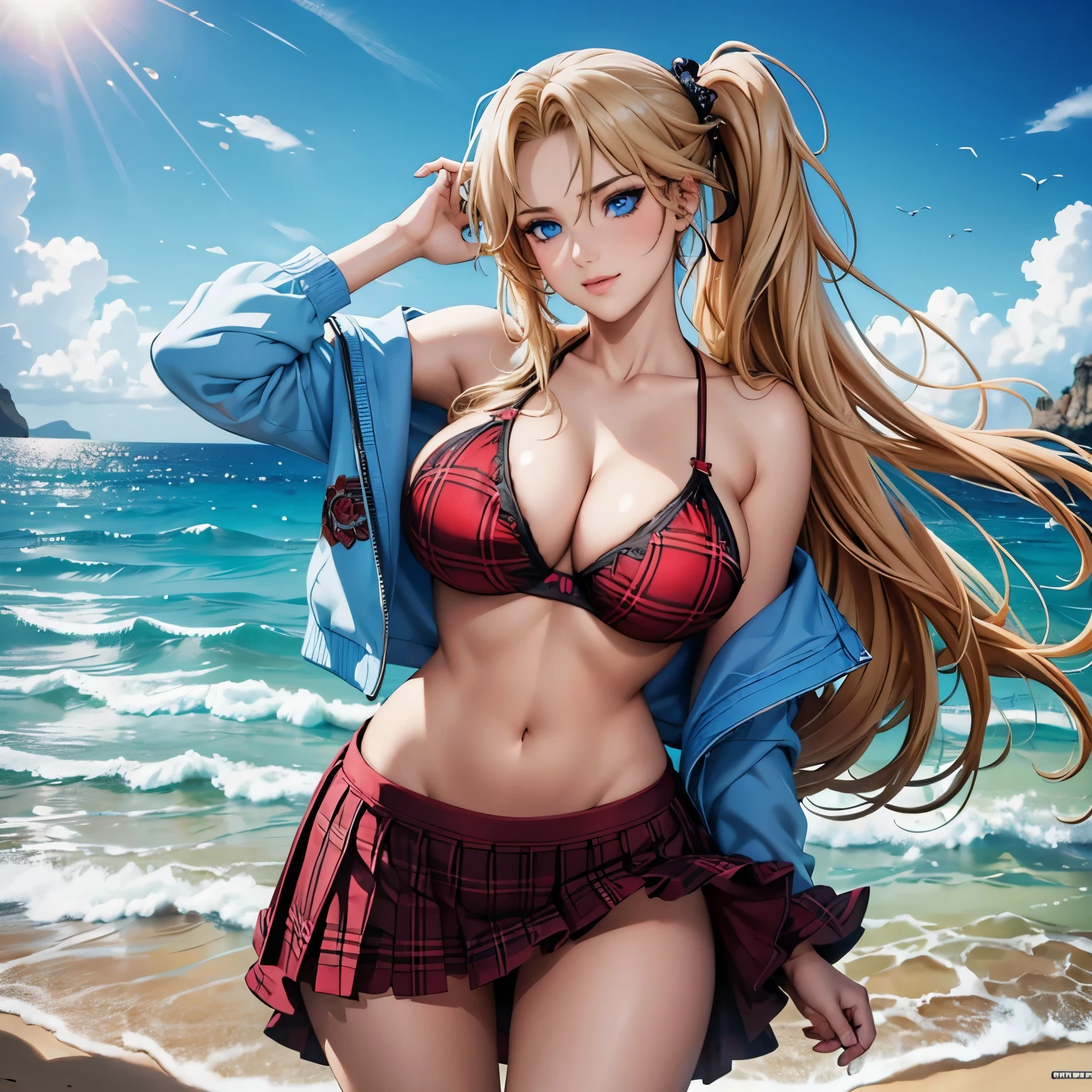 ((best quality)), ((masterpiece)), (detailed), perfect anatomy, highly detailed hands, highly detailed human ears, highly detailed face, highly detailed eyes, highly detailed nose, highly detailed mouth, highly detailed hair, highly detailed skin,a 1 girl,long straight blond hair,sky-blue eyes,athletic,self-confident smile,a single red rose as an hair ornament,coral color lipstick(Raw photo:1.2), (Photorealistic), Beautiful detailed girl, Very detailed eyes and face, Beautiful detailed eyes, Huge file size, High resolution, Very detailed, Best Quality, [masterpiece:1.6], Illustration, Very detailed, Fine detail, Best Quality, 32K Wallpaper, intricate details, long hair, side ponytail, hair ornament, 1girl, solo, midriff, cleavage, bikini bra, pleated skirt, ultra miniskirt, micro mini skirt, plaid skirt, beach, looking at viewer, exposed thighs, exposed large cleavage, full wet body view, very very short skirt, exposed panties, skirt blown up by wind, playing in water.
