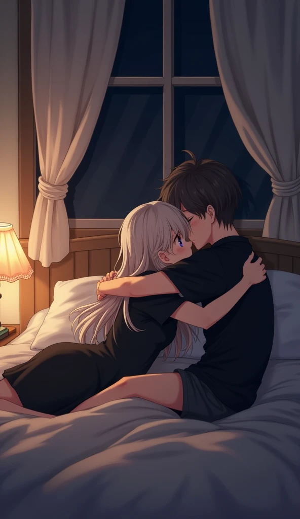 Anime version In a softly illuminated bedroom, a 2 boy and a girl, both dressed in matching black shirts, share an intimate moment that exudes warmth and affection. The girl lies comfortably on the neatly made bed, her hair cascading around her head like a soft halo, her black shirt slightly creased from her relaxed posture. She holds the boy close to her, one arm wrapped securely around him, her fingers gently brushing through his hair.
The boy, nestled into her embrace, rests his head against her chest, his eyes softly closed as he takes in the steady rhythm of her breathing. His black shirt clings to his frame, and the soft light from the nearby bedside lamp casts a gentle, golden hue over their bodies, highlighting the serene expressions on their faces. The air between them feels charged with quiet understanding, the world outside fading into insignificance as they find solace in each other’s presence.
The room itself is simple but comforting—white sheets neatly tucked under them, a few scattered books on the bedside table, and dim curtains swaying gently as a breeze whispers through a slightly cracked window. The soft hum of the night outside enhances the stillness inside, wrapping the couple in a cocoon of intimacy, where words are unnecessary, and only the warmth of their embrace speaks volumes.