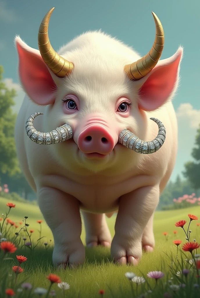 "A majestic ivory-colored pig with long tusks adorned with diamonds."