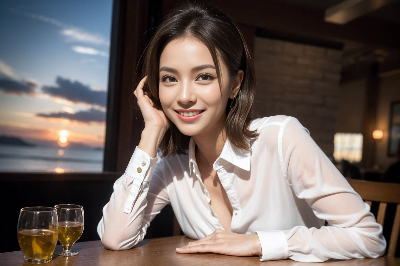 ((Highest quality、8k、masterpiece:1.3))、slimカップル、modelカップル、(Realistic, Intricate details:1.2), full-course dinner、Whiskey bottle and glass on the table、Single Malt、scotch、Rocks glass、Shot Glass、On the rock、Scotland、Amazing view of the sunset sky and clouds、A bright smile、The wonderfulness of smile、 Beautiful Face, blue eyes, The light shines on your face, blush, short hair,Bright Face、 (Age 37), 3,Two beauties、Brown Hair、Shortcuts、Long sleeve shirt、dress、Beautiful woman 1, (slimな顔), (The body is slim), (Brown Hair), (Shortcuts), cheeks turn a little red,Attractive beauty、restaurant, In a prominent place (From the waist up) Nova Frog Style, actress, model, Upper Body, White wine, slim, smile, (smile: 1.15), Beautiful fine grain, Depth f/2,saturation, High Contrast, Strong light and shadow,Moist Body:1.5、3D texture、Delicate eyes、Brown Hair、The hair is very shiny、