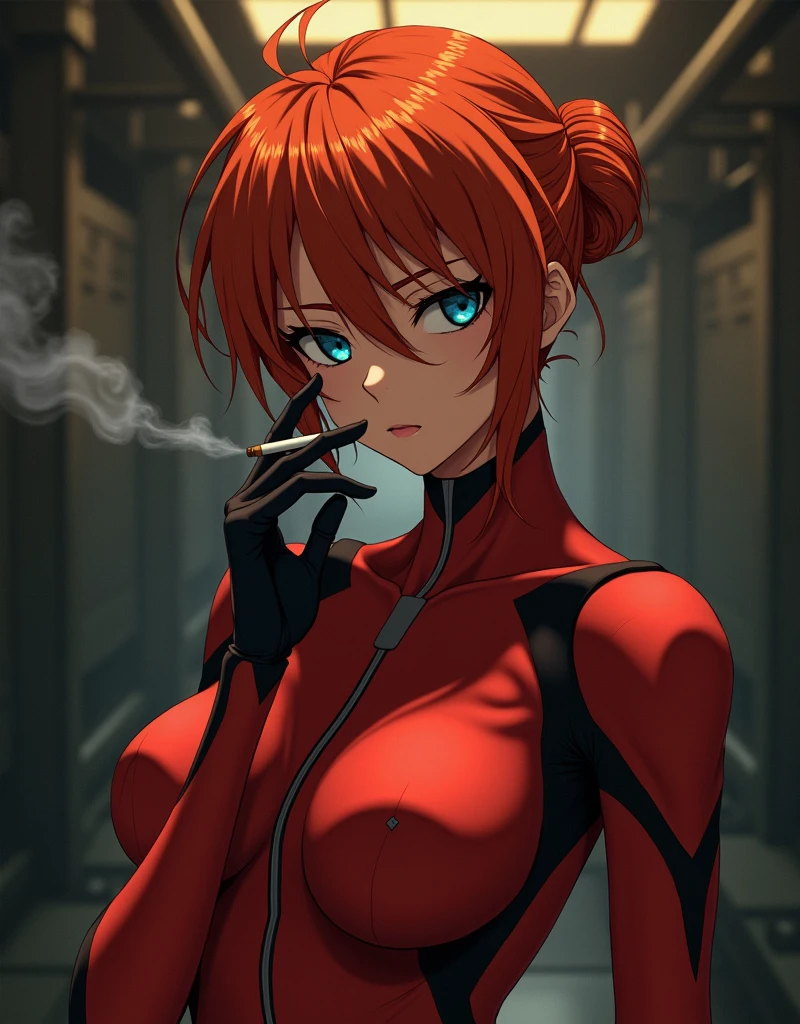 Asuka from Neon Genesis Evangelion anime smokes