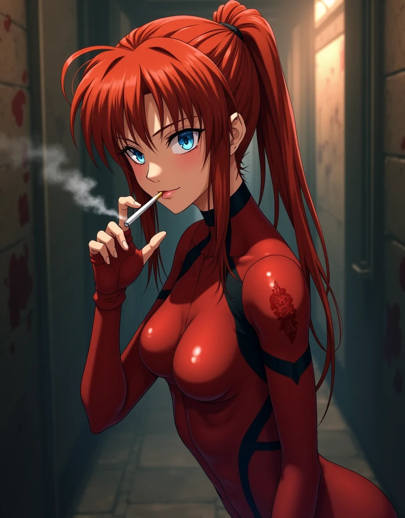 Asuka from Neon Genesis Evangelion anime smokes