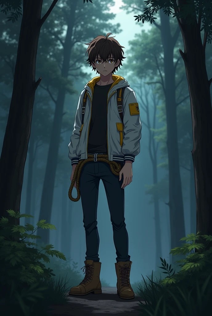 The image is in adult anime style cowboy bebop or Darker than black style with shadows and dim lights, anime style although somewhat adult and dark, It shows a 20-year-old boy, who wears a white jacket with yellow details, wear boots. He has brown eyes. It&#39;s in a dark forest. Short brown wavy uneven hair. She is standing in the middle of the forest. He seems determined. He wears a rope tied to his belt.