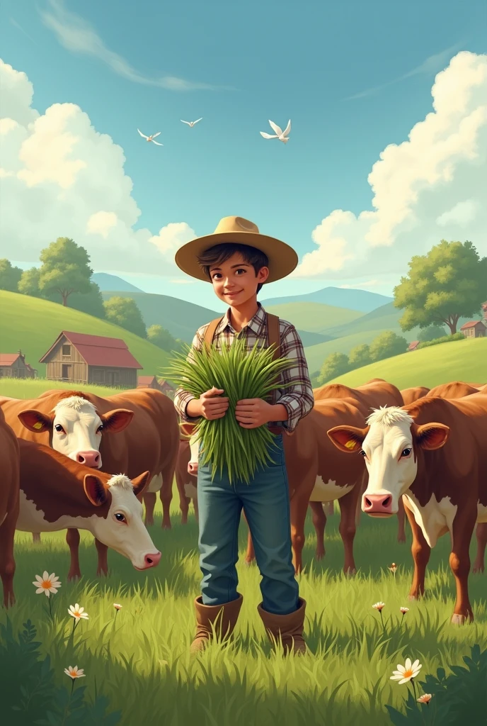 There are many cows in the pasture. A young man in vintage farmer's clothing is holding grass and preparing to feed the cows.