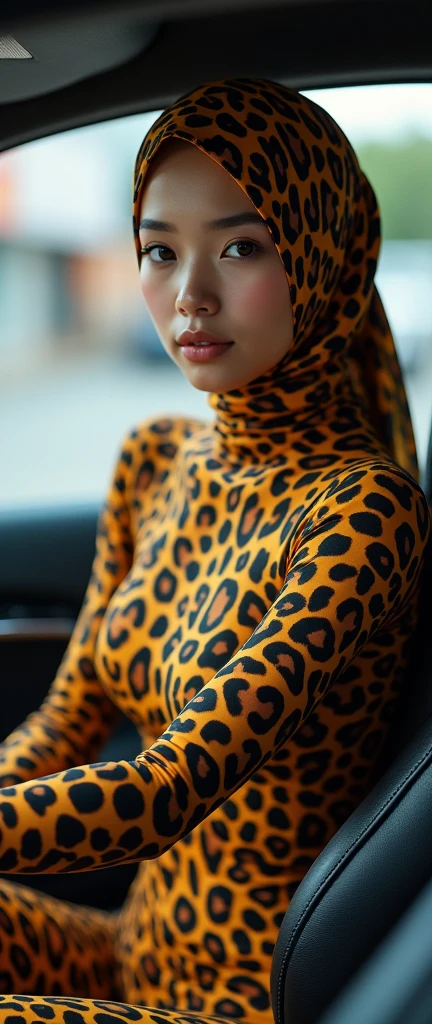 The most beautiful,thin,most pretty and clever Asian muslimah adult girl wears clouded leopard print lycra turtleneck unitard catsuit covered with spots.She always wear clouded leopard print lycra dancewear stretchy square hijab covered with many spots.She goes to the supermarket to buy seafood by car.