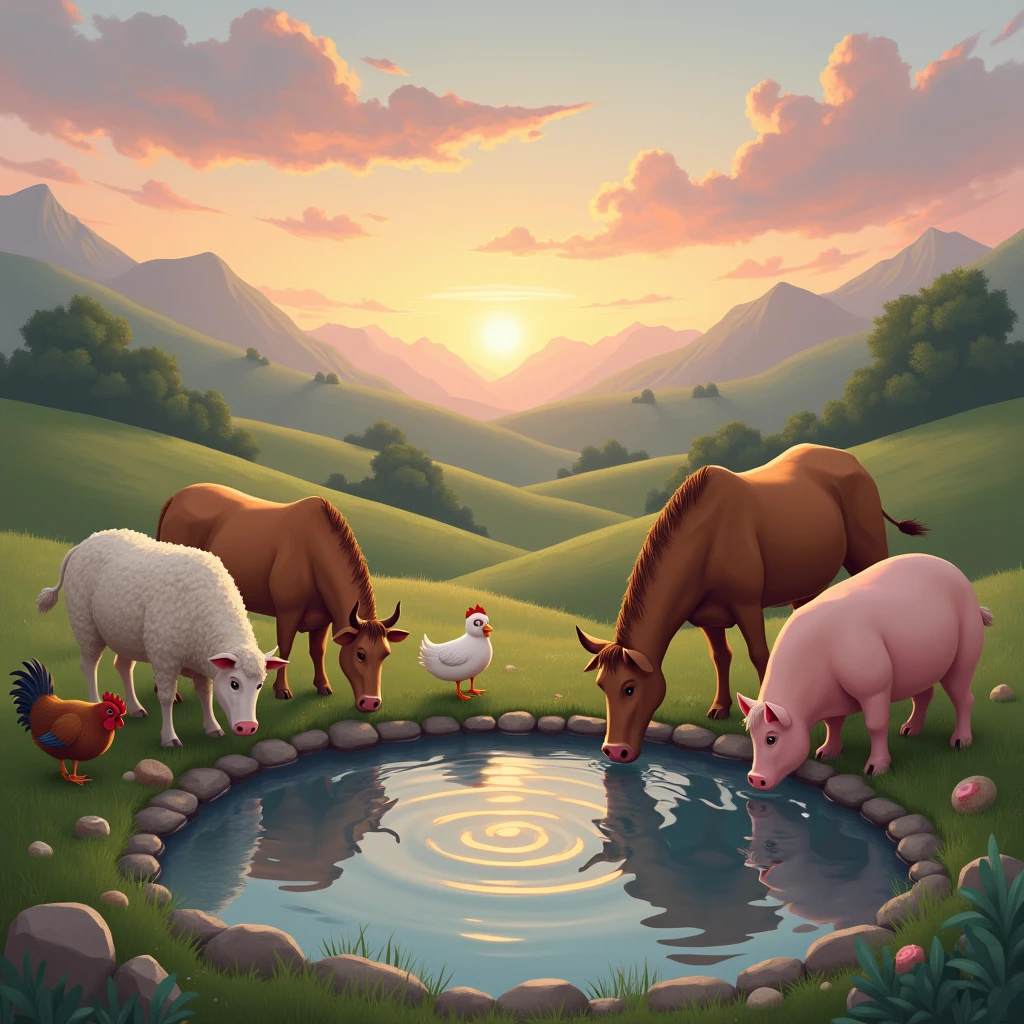 sun began to set, sky turned pink, cow, sheep, duck, chicken, horse and pig drinking water happily
