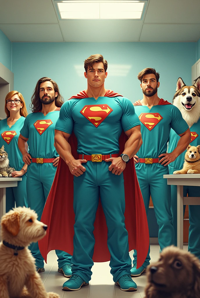 5 superhero brothers in veterinary uniforms