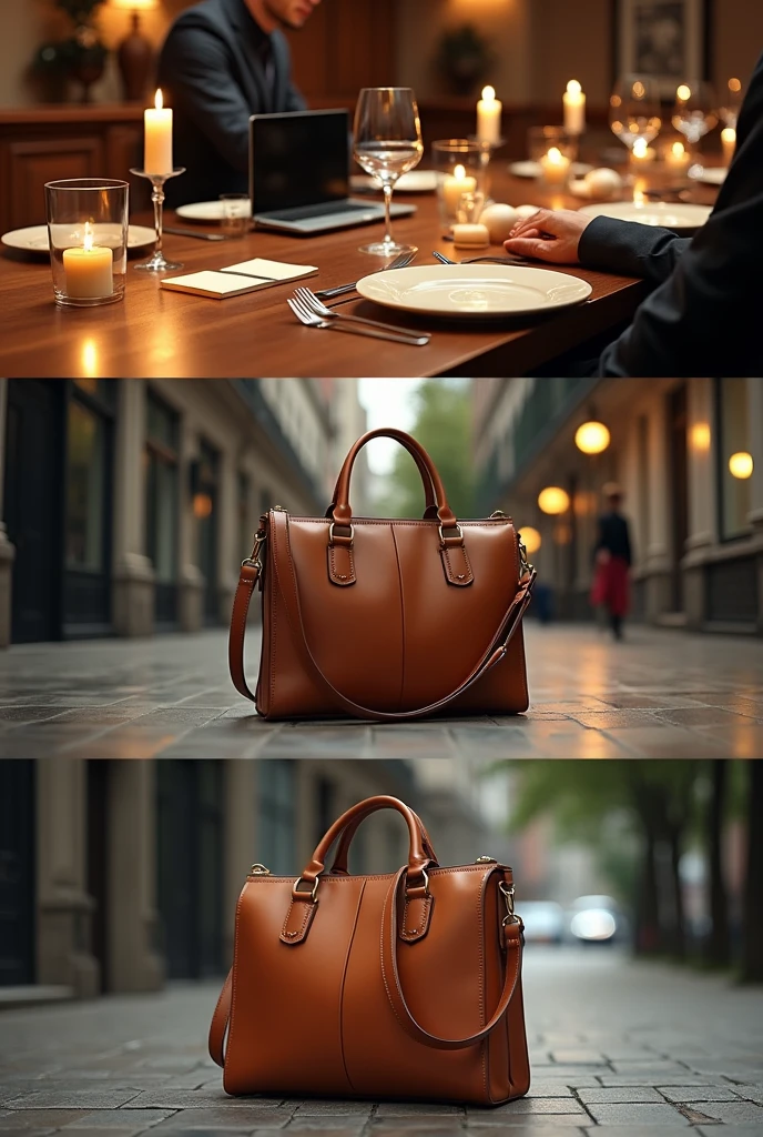bag in different angles and situations: an elegant dinner, a business meeting, a casual walk