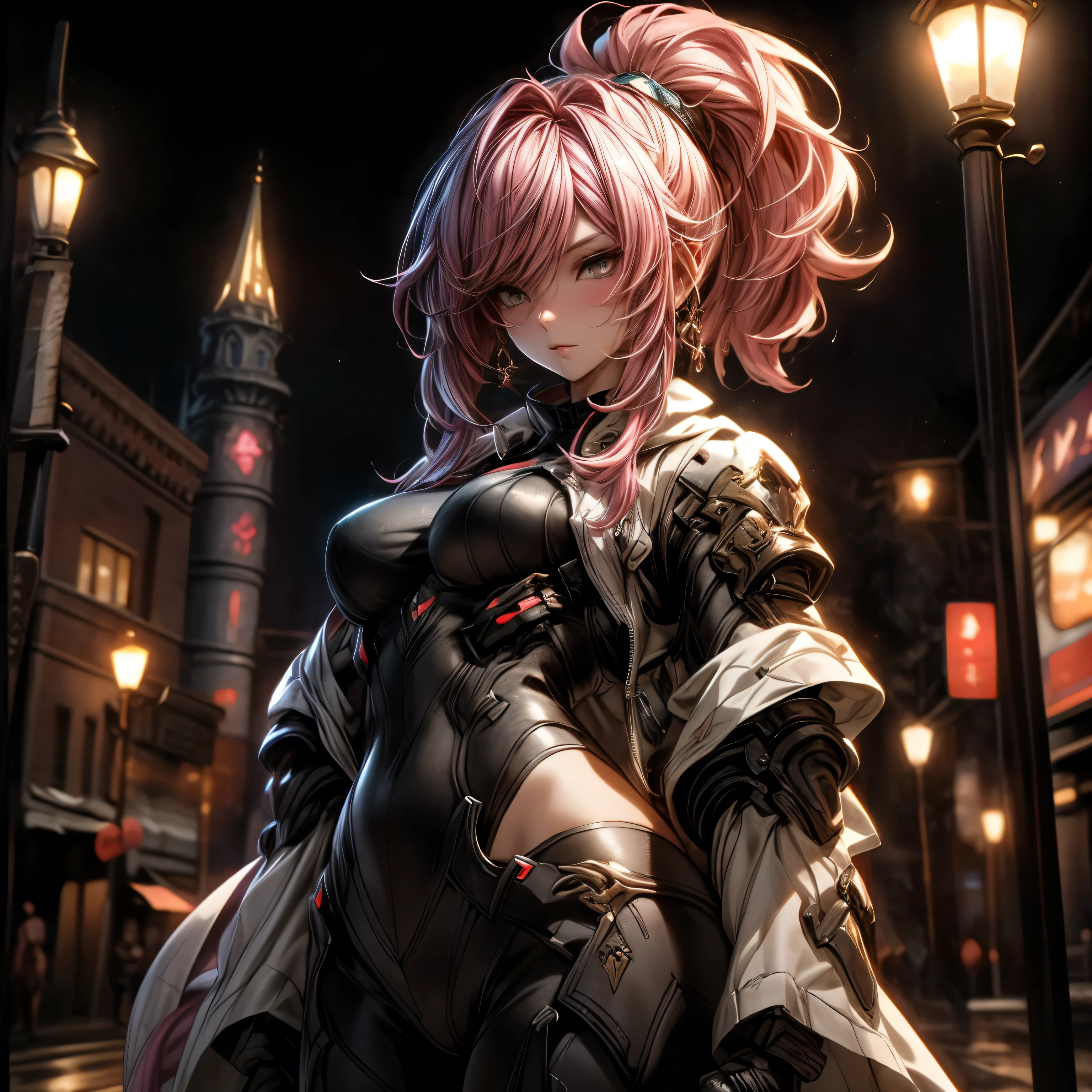 (best quality)), ((Masterpiece)), (details:1.4), 3d, HDR (high dynamic range), an image of a beautiful cyberpunk female, Hips up, Sleek style, Pink hair, High ponytail, beautiful white eyes, จมูกโด่ง, ปากแดง, หน้าอกใหญ่, nvidia RTX, PBR surface, After processing, Anisotropic filtration,depth of field, Maximum clarity and clarity, multi-layered surface, Subsurface scattering, perfect proportions, 8K raw files, ultra detailed, Perfect proportions, volumetric lighting, soft lighting, Holy Knight, Heavy Black Armor, glossy skin, Castle background, jewely, ต่างหู, นิ้วมือสมบูรณ์,