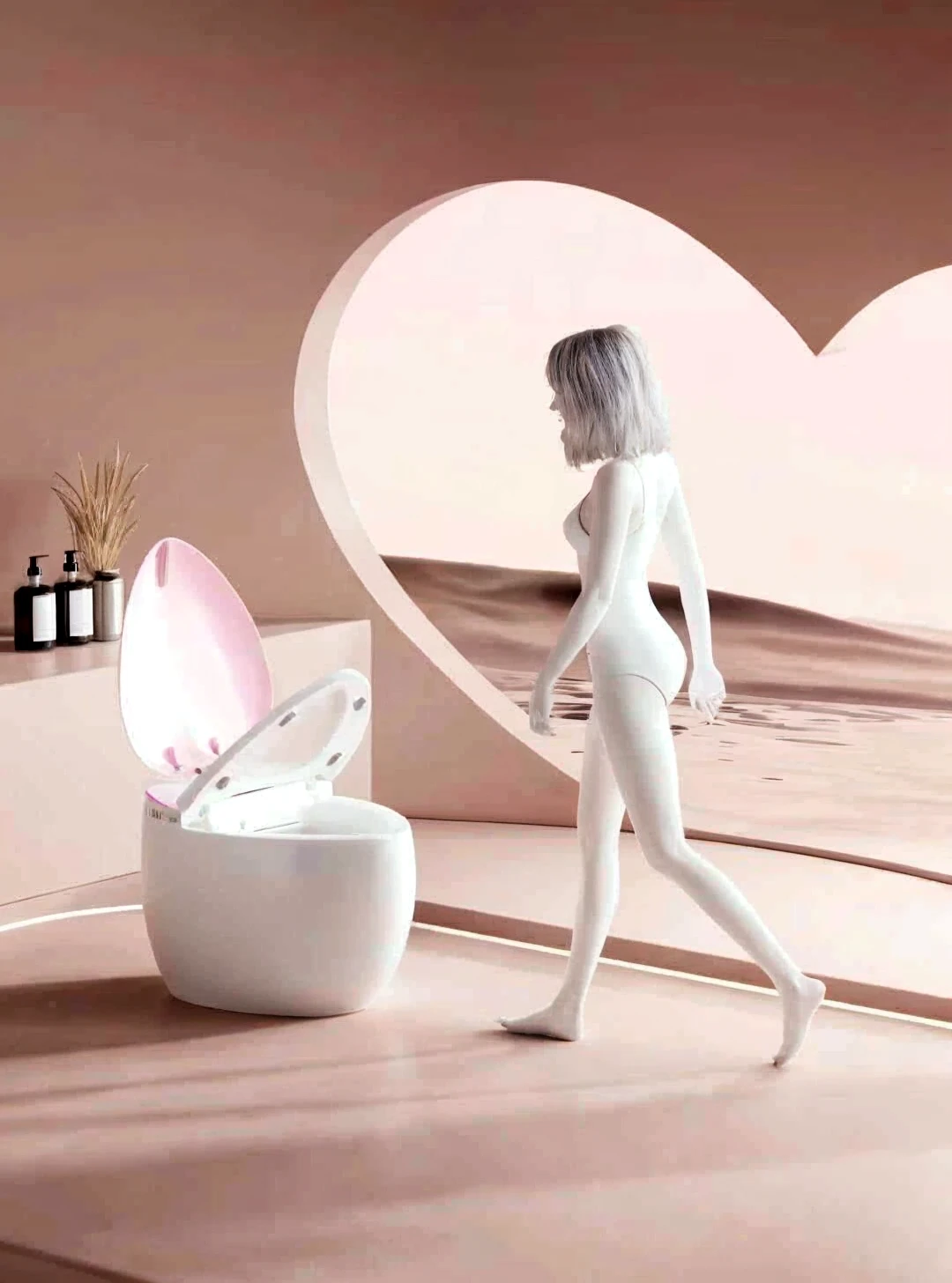 there is a woman walking in a bathroom with a toilet, rgb gamer toilet, gaming toilet, elegent, futuristic product design, smooth utopian design, gaming chair as a toilet, 🤬 🤮 💕 🎀, siting on a toilet, 👁🌹👾, elegence, product design render, elegant design, futuristic design, 3d product, feminine