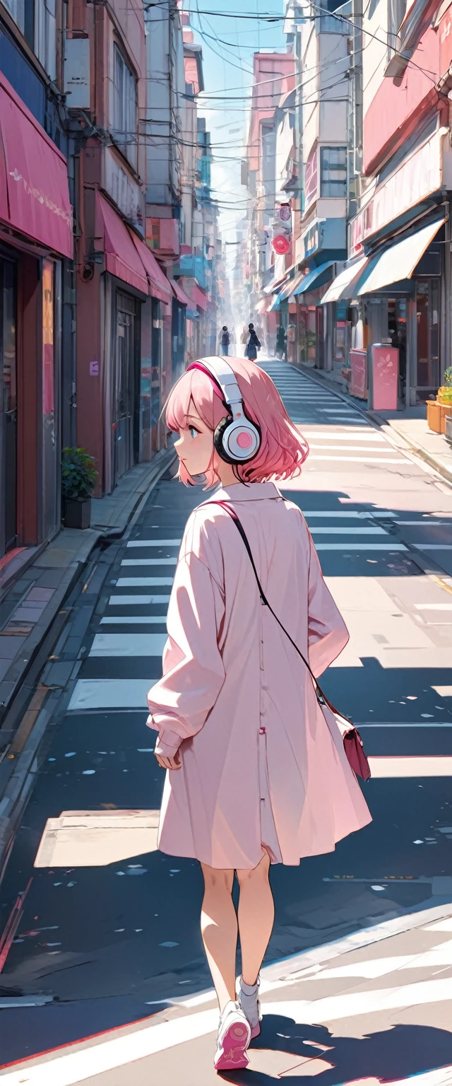 Anime girl with pink hair and headphones walking down the street generative ai