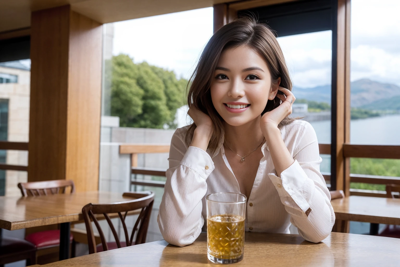 ((Highest quality、8k、masterpiece:1.3))、slimカップル、modelカップル、(Realistic, Intricate details:1.2), full-course dinner、Whiskey bottle and glass on the table、Single Malt、scotch、Rocks glass、Shot Glass、On the rock、Scotland、Amazing view of the sunset sky and clouds、A bright smile、The wonderfulness of smile、 Beautiful Face, blue eyes, The light shines on your face, blush, short hair,Bright Face、 (Age 37), 3,Two beauties、Brown Hair、Shortcuts、Long sleeve shirt、dress、Beautiful woman 1, (slimな顔), (The body is slim), (Brown Hair), (Shortcuts), cheeks turn a little red,Attractive beauty、restaurant, In a prominent place (From the waist up) Nova Frog Style, actress, model, Upper Body, White wine, slim, smile, (smile: 1.15), Beautiful fine grain, Depth f/2,saturation, High Contrast, Strong light and shadow,Moist Body:1.5、3D texture、Delicate eyes、Brown Hair、The hair is very shiny、