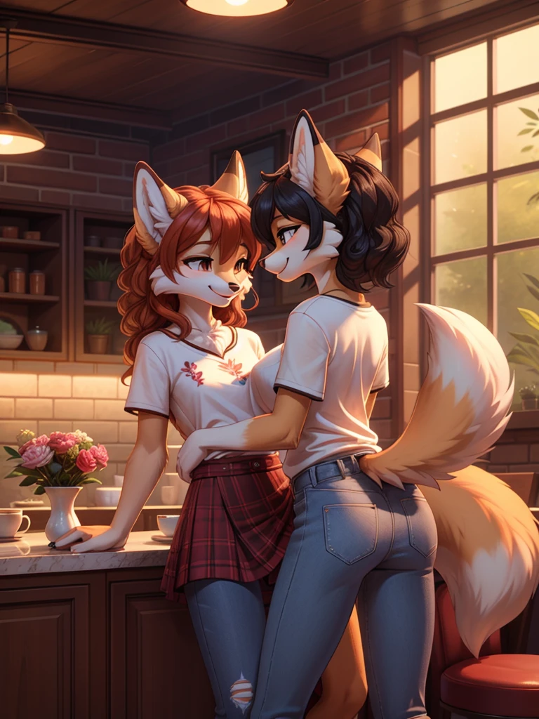 Beautiful, (masterpiece), high quality, perfect lighting, Highly detailed CG Unity 8k wallpaper, High resolution, perfect lighting, youthful, tall, slim, skinny, frail slender figure, slim legs, distinctly feminine figure, narrow hips, long legs, huge plump breasts, Anthropomorphic fox sisters, CG Unity, one with silky auburn fur, long, loose curls, floral blouse, high-waisted jeans, the other with snowy white fur, bobbed hair, graphic tee, plaid skirt. In a cozy café, the auburn-furred sister leans forward, her delicate fingers brushing against a teacup, while the white-furred sister playfully pokes her, both sharing a giggle, their feminine energy filling the intimate, warm space.