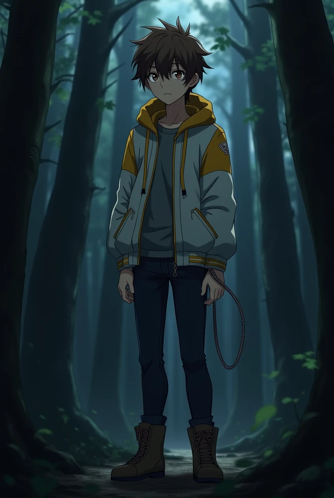 The image is in adult anime style cowboy bebop or Darker than black style with shadows and dim lights, anime style although somewhat adult and dark, It shows a 20-year-old boy, who wears a white jacket with yellow details, wear boots. He has brown eyes. It&#39;s in a dark forest. Short brown wavy uneven hair. She is standing in the middle of the forest. He looks determined and nervous.. He wears a rope tied to his belt.