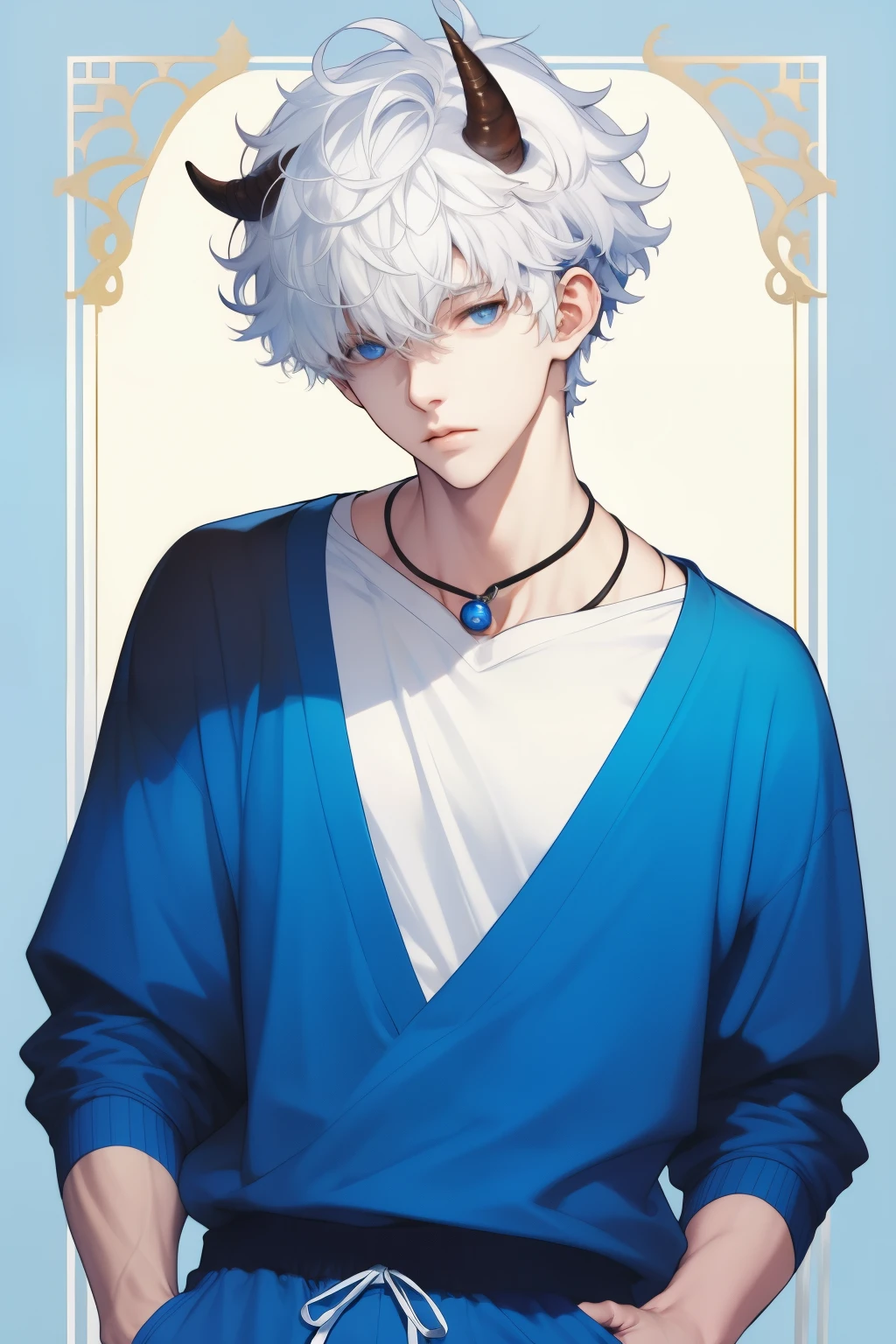 White-haired boy，Short curly hair，（There are short brown horns on the head：2），Wear blue sweatpants，Handsome face，Wearing a blue bell around the neck，20 years old