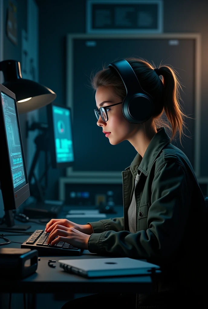 A girl who is a spy, in front of computer, disabling cheats, , cover for music.