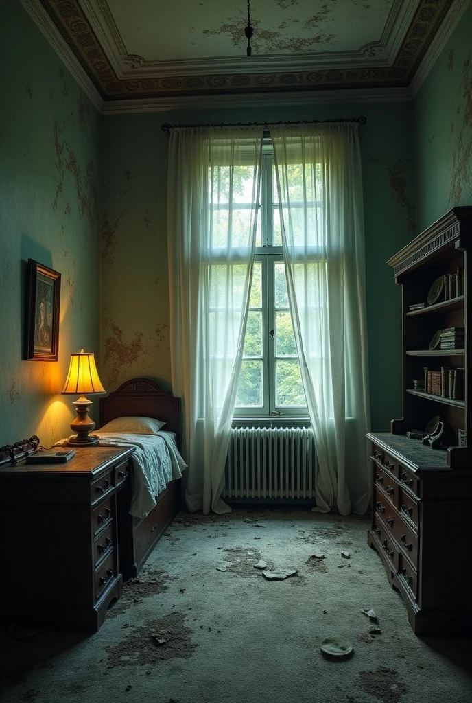 Inside was an immaculate room, sharply contrasting with the rest of the mansion. A single lamp cast a warm glow over a neatly made bed, a polished desk, and a shelf of books. The air was surprisingly fresh. RUINED FURNITURE AND PEELING OF THE WALLPAPER SCARY, HORROR, INTENSE