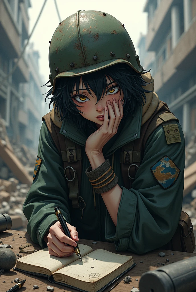 anime、whole body、Character portrait、Devastation、、Helmet、pen、diary、Apathy、Dirty