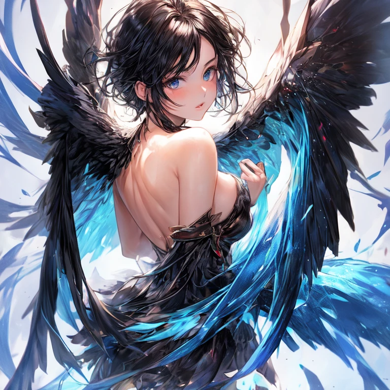 Beautiful girl with black hair and blue eyes and bird wings from the back with big breasts UHD, textured skin, super detail, high details, high quality,