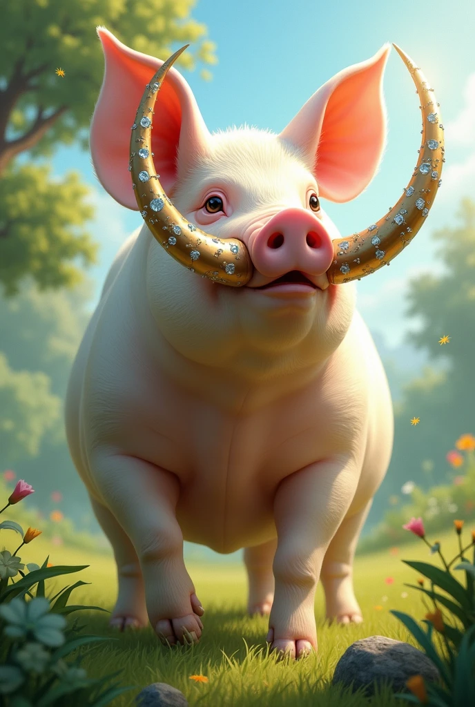 "A majestic ivory-colored pig with long tusks adorned with diamonds."