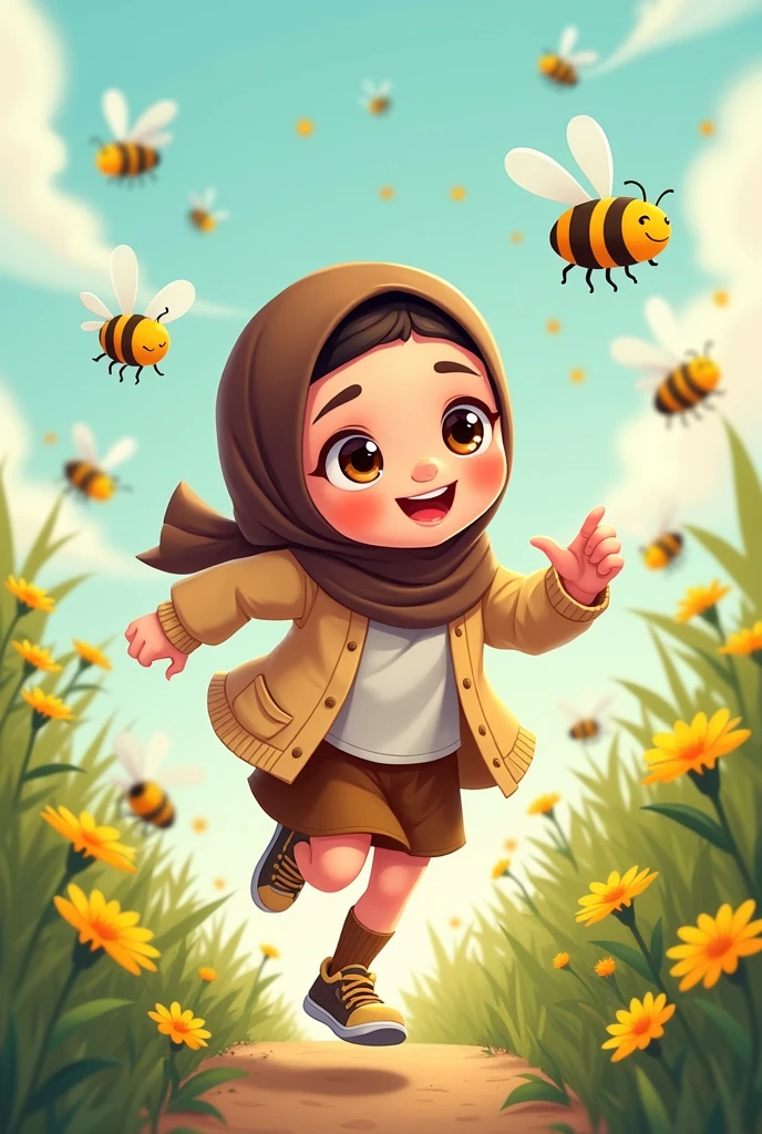 Cartoon with text: 
Cute and adorable face, big detailed eyes, Cute little cartoon girl, with brown hijab on, wearing oversized beige cardigan, white shirt, brown skirt, brown socks, sneakers, running away from bees