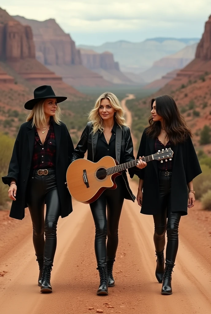 Three very beautiful and glamorous 20-something white women, members of an all-girl rock band, walking along a dirt, dusty road in the Grand Canyon、Promotional photos taken by a professional photographer with great angles and lighting、The three of them were walking through the wilderness in skintight black outfits, like a female version of U2.、A woman with long dark brunette hair is walking in the middle, holding a worn out Gibson acoustic guitar.、Black leather pants、Black boots、Black flannel shirt、Black tight rider jacket、Black distressed denim、Black tight outerwear、shiny blonde short bob hair,Very large, pendulous breasts、Large cleavage between swaying, saggy breasts、A wide shot of the girls walking bravely combines their whole bodies with the magnificent scenery of the Grand Canyon.、Sandstorm、Helicopter shot、Black Hat、Indian Accessories、Mysterious look、poncho、