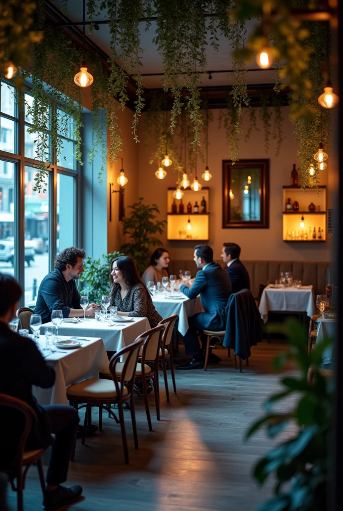 Restaurant in white and blue tones, Photo, comfortable, dark atmosphere, Garlands