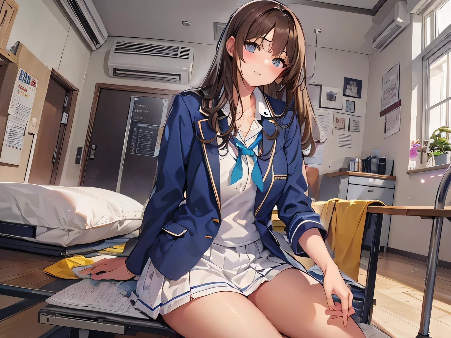 (Masterpiece, top quality, high resolution, realistic photo, realistic looking skin:1.1),
(Woman sitting, squatting, or lying on bed in school infirmary, showing panties and inviting:1.8),  
(She should have a happy smiling expression:1.5),
(She is wearing a plain white collared shirt and a navy blue blazer from her high school uniform:1.8),
(She is wearing a gray box pleated skirt from her high school uniform: 1.8),
(She is wearing navy blue socks: 1.8),
(Her panties are white with a pattern: 1.5),
(She has medium brown hair: 1.8),
(Location: on a bed in the school infirmary:1.5),
(The bed in the school infirmary is surrounded by curtains on all sides: 1.8),
1 Japanese girl, solo, full bodied esbian, beautiful eyes, shining eyes, shining thighs, NSFW