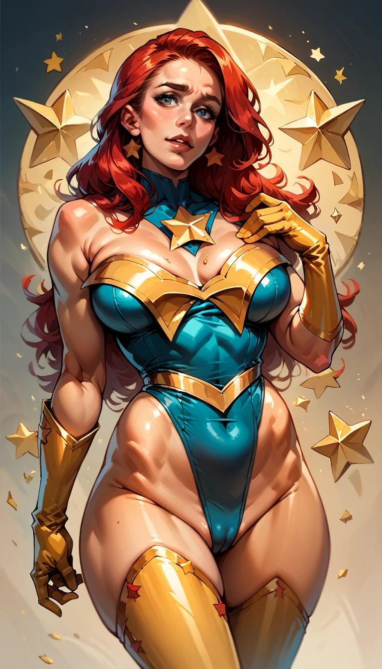 score_9, score_8_up, score_7_up, score_6_up, (((masterpiece))), (((Best Quality: 1.5))), Sexy, Superheroine, Red hair, long hair, busty, plump, curvy, ((blue highleg leotard with a t-back thong and a gold star insignia on chest)), gold boots, gold gloves,