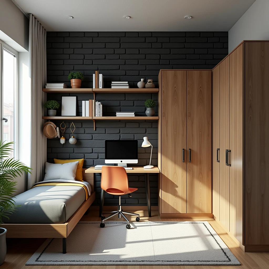 Small modern schoolboy room. Decorative wall in black 19th century brick. Decorative wall of rustic board , single bed, homework desk, two-door wardrobe, bookcase, office chair, computer, monitor, school supplies.
Style: modern, photo-realism, minimalism. 
