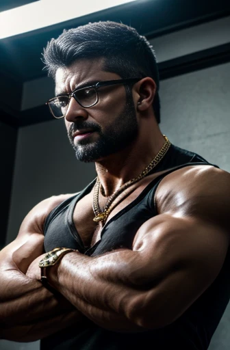 Wild muscle man, (40 year old dad:1.1), Chico 1, alone, Grey Hair (Black dress shirt), (Big shoulders), Muscle tissue, Nargon, Stubble, Short Beard, Sharp Eye:1.3), (Detailed face:1.3), Wearing glasses, smile, Dynamic Angle, Volumetric lighting, (Highest quality, High resolution, Realistic), Cinema Lighting, masterpiece, Raw photo, Intricate details, High resolution, whole body, Tight jeans ,Cross your arms、Gold Necklace、Gold Bracelet、Huge pectoral muscles、Giant Arms、glare、darkness,Darkness,Angry, anger vein, sweating, tattoo、evil、Intimidating、Overbearing、暗darkness、boss, mafia、tobacco、screaming,Sulky face、darknessの組織、