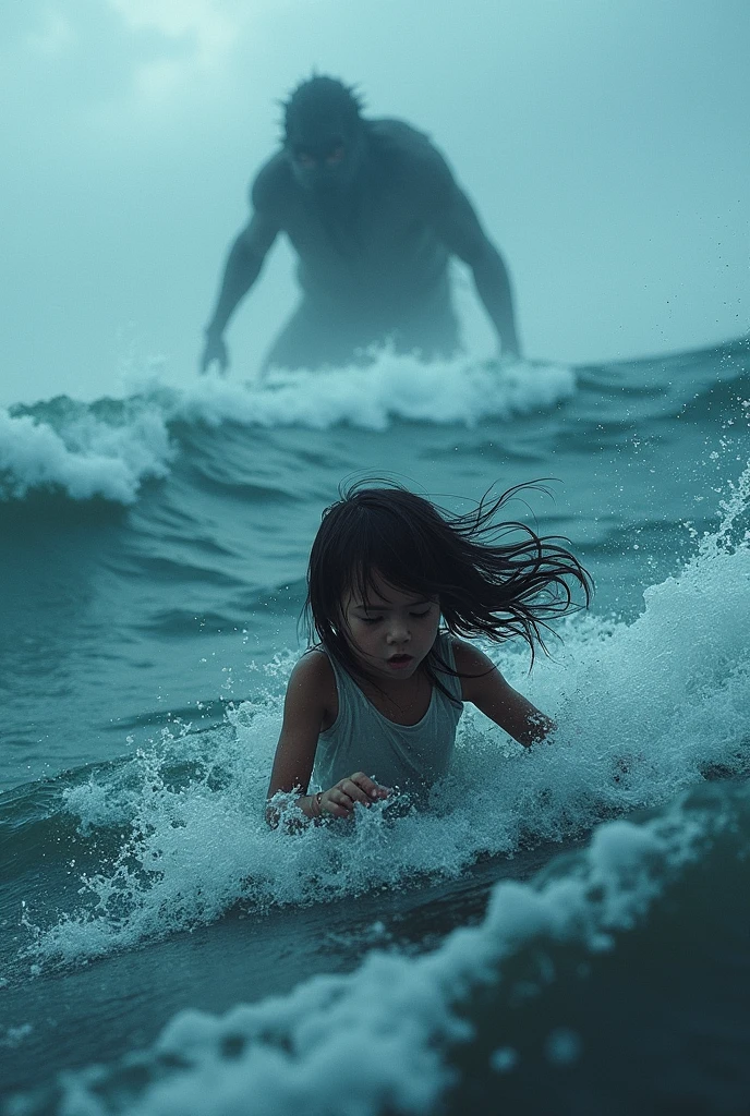 A girl drowing in the ocean and the 1 monster coming her to rescue