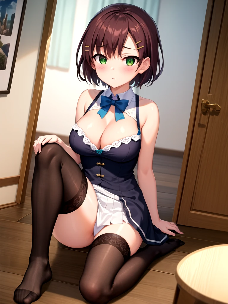 (masterpiece, Best Quality:1.2), absurdities, perfect anatomy, owtech, stylized, 1 girl, full body, looking at the viewer, blunt bangs, Focus only, Soft lighting, (green_eyes), black thighhighs, sana_kuranaka_onichichi, short_hair, brown_hair, blush, hair_ornament, hairclip, breasts,