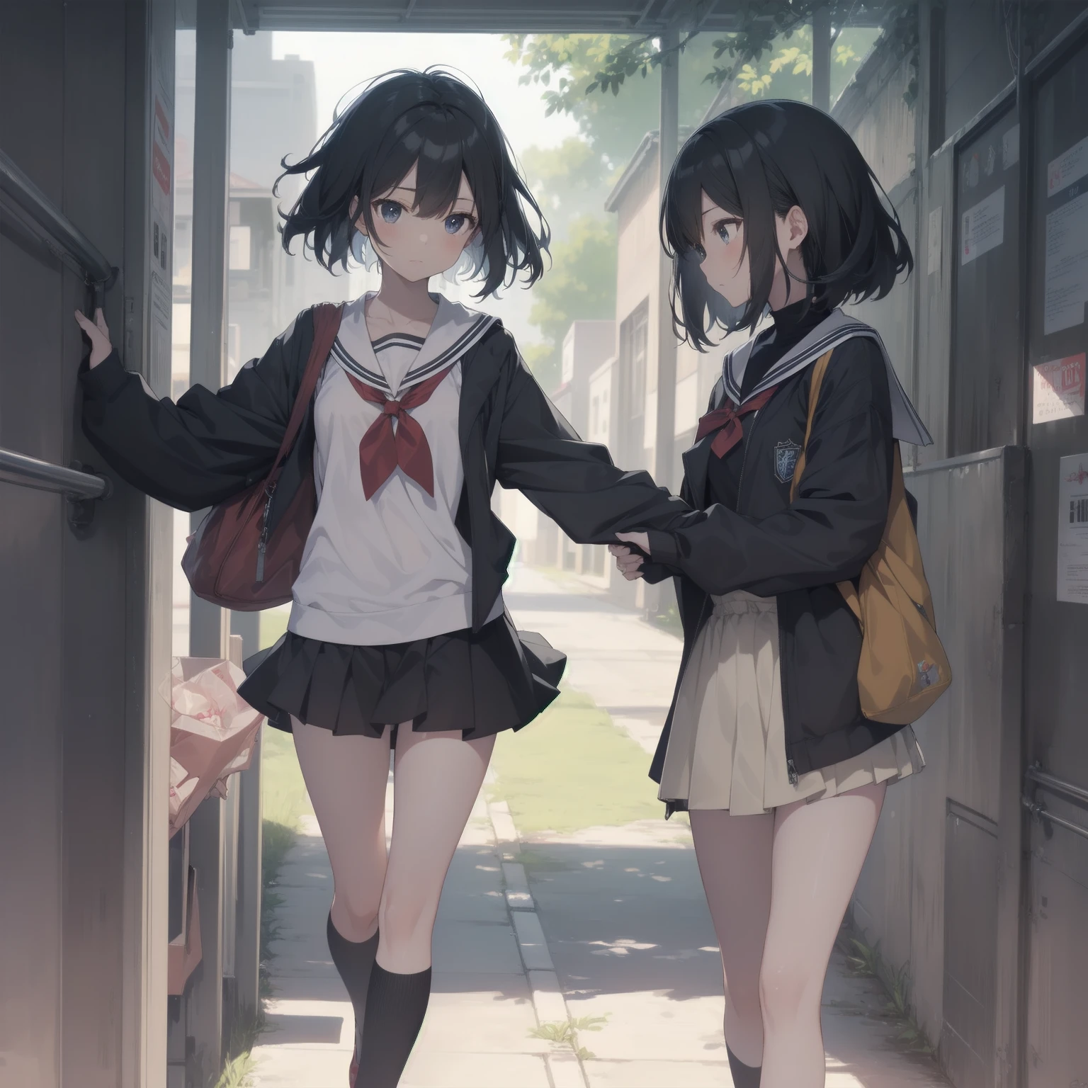 ultra-absurdres-Top quality by artist God, ultra-detailed, high resolution, anime moe artstyle, best anime 8k konachan wallpaper, pixiv contest winner, pool:2810, perfect anatomy,break, 1girl, (Please draw a girl walking sleepily to school alone. )break,(Solo,little female,:1.3),Full limbs, ,a junior high school student, (very short hair), short cut, flat chest, , small butt, small black eyes, beautiful detailed eyes, well-proportioned iris and pupils, expressive eyes, highres detailed hair, soft expression, salor school_uniform, sailor collar, serahuku, bow, pleated skirt,(Detailed Lighting), (Detailed background), in the School commute route. break,super detailed skin, Best cinematic lighting powered by famous artist, 8k,beauty illustration,photoshop_(medium),very aesthetic,break,((artist:echo_(circa) )), artist:clamp ,artist:carnelian ,artist:kantoku ,
