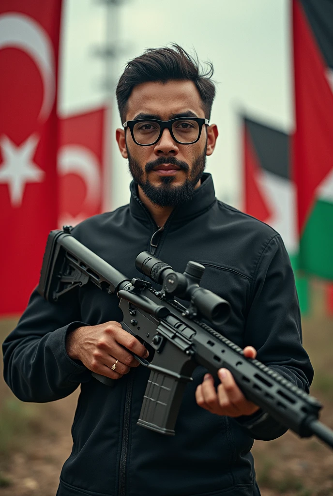 A malay man 30 year glasses mujahid holds a weapon sneaper and there are flags of Turkey, Palestine, syrian, Yemen