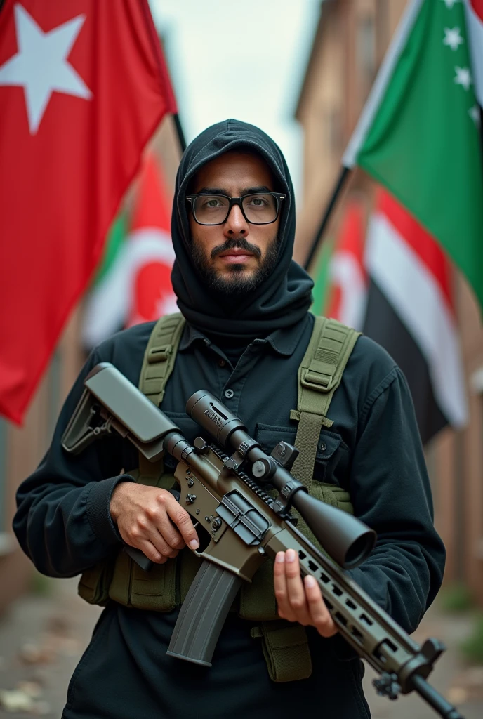A malay man 30 year glasses mujahid holds a weapon sneaper and there are flags of Turkey, Palestine, syrian, Yemen
