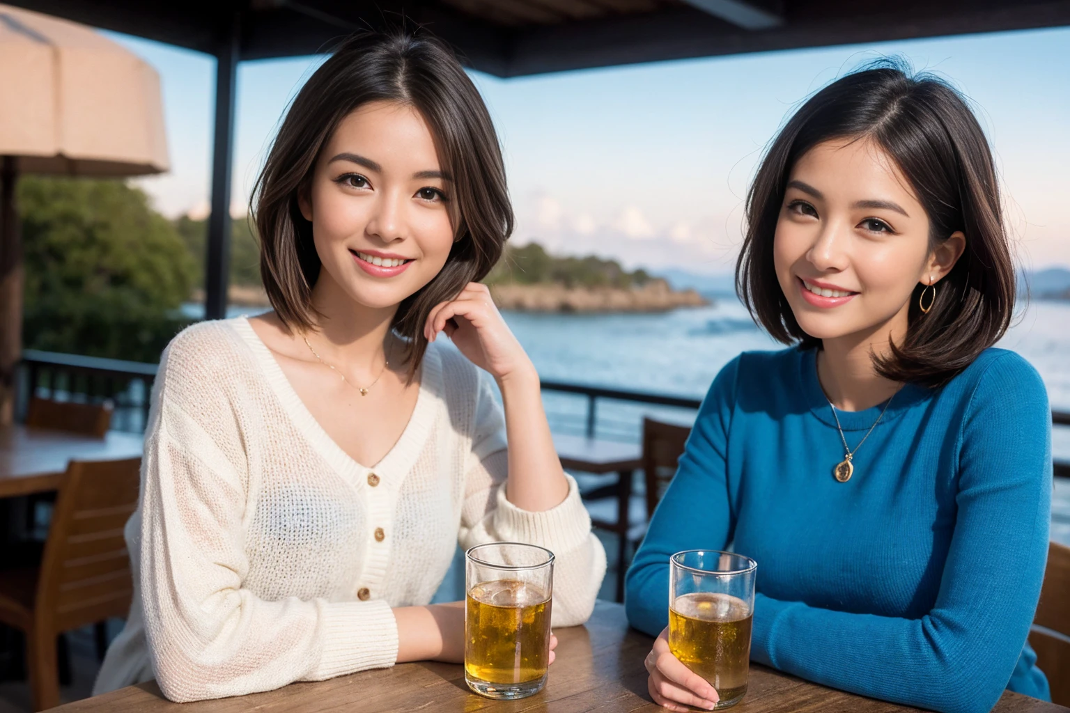 ((Highest quality、8k、masterpiece:1.3))、slimカップル、modelカップル、(Realistic, Intricate details:1.2), full-course dinner、Whiskey bottle and glass on the table、Single Malt、scotch、Rocks glass、Shot Glass、On the rock、Scotland、Amazing view of the sunset sky and clouds、A bright smile、The wonderfulness of smile、 Beautiful Face, blue eyes, The light shines on your face, blush, short hair,Bright Face、 (Age 37), 3,Two beauties、Brown Hair、Shortcuts、Long sleeve shirt、dress、Beautiful woman 1, (slimな顔), (The body is slim), (Brown Hair), (Shortcuts), cheeks turn a little red,Attractive beauty、restaurant, In a prominent place (From the waist up) Nova Frog Style, actress, model, Upper Body, White wine, slim, smile, (smile: 1.15), Beautiful fine grain, Depth f/2,saturation, High Contrast, Strong light and shadow,Moist Body:1.5、3D texture、Delicate eyes、Brown Hair、The hair is very shiny、