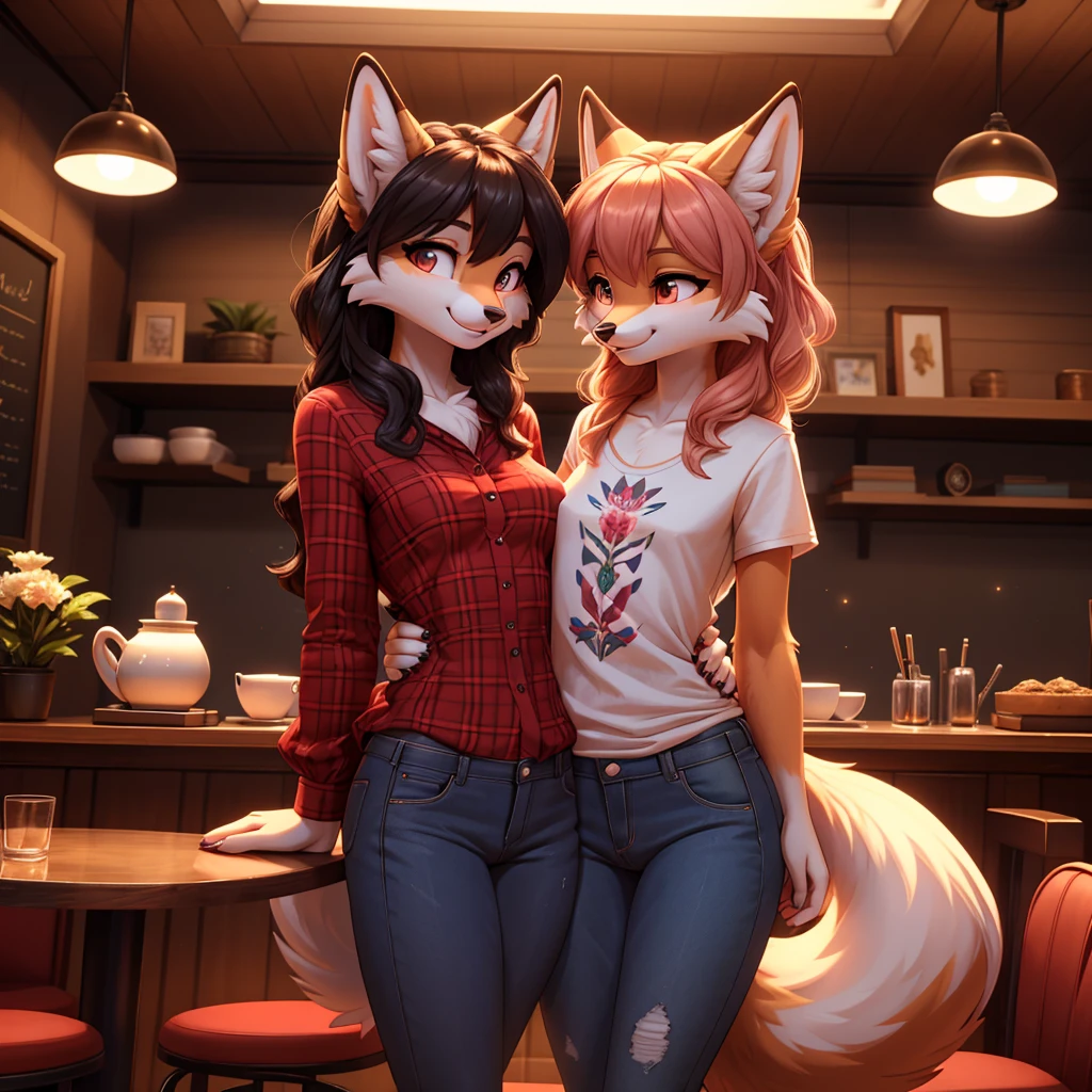 Beautiful, (masterpiece), high quality, perfect lighting, Highly detailed CG Unity 8k wallpaper, High resolution, perfect lighting, youthful, tall, slim, skinny, frail slender figure, slim legs, distinctly feminine figure, narrow hips, long legs, huge plump breasts, Anthropomorphic fox sisters, CG Unity, one with silky auburn fur, long, loose curls, floral blouse, high-waisted jeans, the other with snowy white fur, bobbed hair, graphic tee, plaid skirt. In a cozy café, the auburn-furred sister leans forward, her delicate fingers brushing against a teacup, while the white-furred sister playfully pokes her, both sharing a giggle, their feminine energy filling the intimate, warm space. upper body, portrait, lesbian, tribbing, scissoring, outercourse, rubbing crotch on thigh