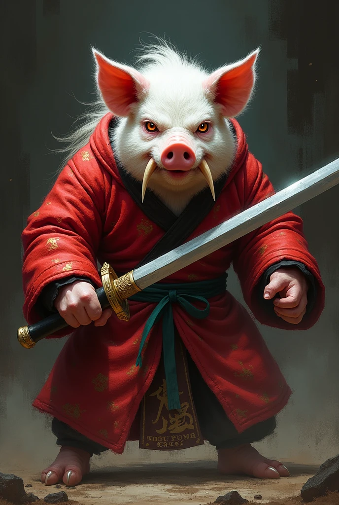 a white pig , thug , angry, red hanfu , sword style