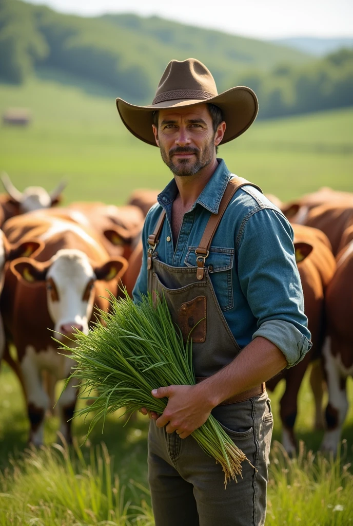 There are many cows in the pasture. A handsome middle-aged man wearing a vintage farmer&#39;s uniform is holding grass and preparing to feed the cows.
