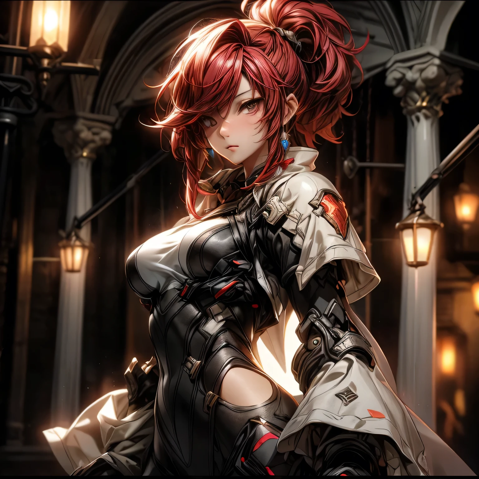 (best quality)), ((Masterpiece)), (details:1.4), 3d, HDR (high dynamic range), an image of a beautiful cyberpunk female, fantasy, Hips up, Red hair, High ponytail, beautiful white eyes, จมูกโด่ง, ปากแดง, หน้าอกใหญ่, nvidia RTX, PBR surface, After processing, Anisotropic filtration,depth of field, Maximum clarity and clarity, multi-layered surface, Subsurface scattering, perfect proportions, 8K raw files, ultra detailed, Perfect proportions, volumetric lighting, soft lighting, Holy Paladin, Heavy Red Armor, glossy skin, castle background, jewely, ต่างหู, นิ้วมือสมบูรณ์,