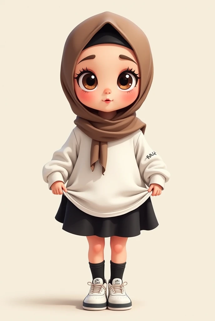 Cartoon with text: 
Cute and adorable face, big detailed eyes, Cute  cartoon girl, with brown hijab on, (enhanced details, high quality, high resolution, 2d), wearing oversized white shirt, black skirt, black socks, air force sneakers, pulling up her skirt, upskirt, exposed legs, white underwear 