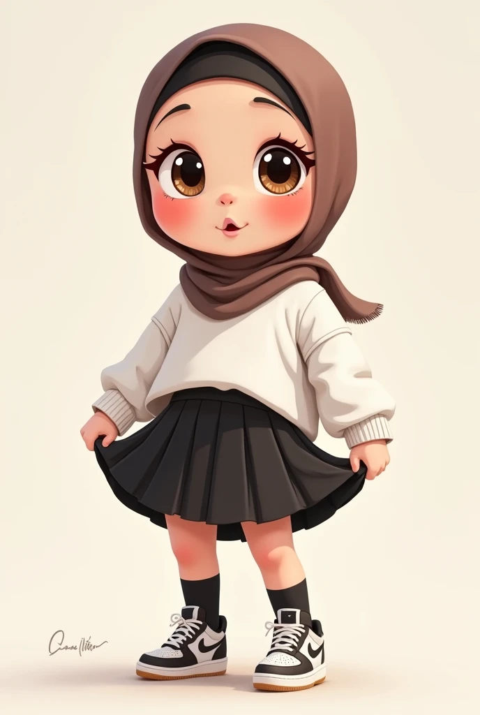 Cartoon with text:
(Masterpiece, best quality, 4k, expressive eyes, perfect face), cute and adorable girl, little cartoon girl, (beautiful face, detailed eyes), wearing black hijab, bangs, (flat style,, hand drawn style, 2d style, Cartoon artstyle, toon style), (white shirt, black miniskirt, exposed legs, black socks, sketcher shoes, ((embarrassed, blush, wind blowing up her skirt, upskirt, skirt blowing upwards, pulling down her skirt)), (full body view, standing, Side view), ((perfect body anatomy, perfect legs, perfect posture)),