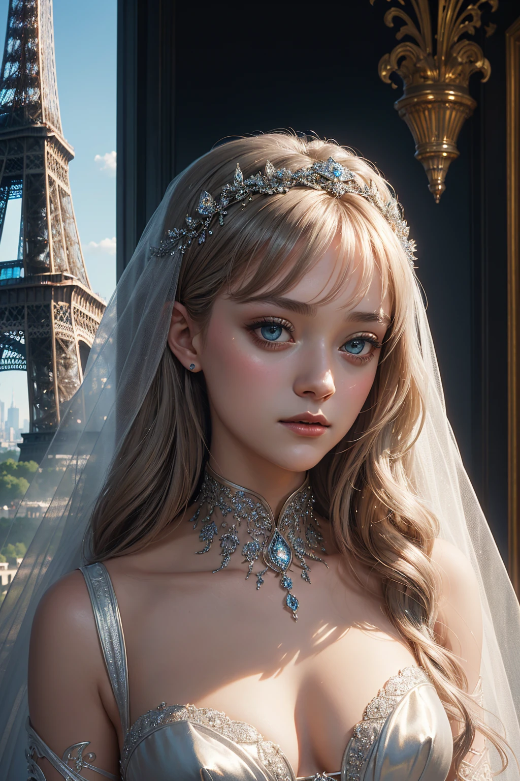 portrait Dakota Fanning, wearing sexy veil bride silver outfit, against the background of the Eiffel Tower, 9 9 9 9 s, curly hair, intricate, elegant, highly detailed, digital painting, artstation, concept art, smooth, sharp focus, illustration, art by thomas kindkade, charlie bowater, artgerm, greg rutkowski, alphonse mucha and alexandra fomina, 36k, glittering, shining
