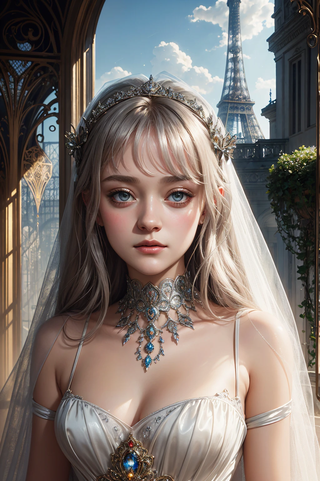 portrait Dakota Fanning, wearing sexy veil bride silver outfit, against the background of the Eiffel Tower, 9 9 9 9 s, curly hair, intricate, elegant, highly detailed, digital painting, artstation, concept art, smooth, sharp focus, illustration, art by thomas kindkade, charlie bowater, artgerm, greg rutkowski, alphonse mucha and alexandra fomina, 36k, glittering, shining