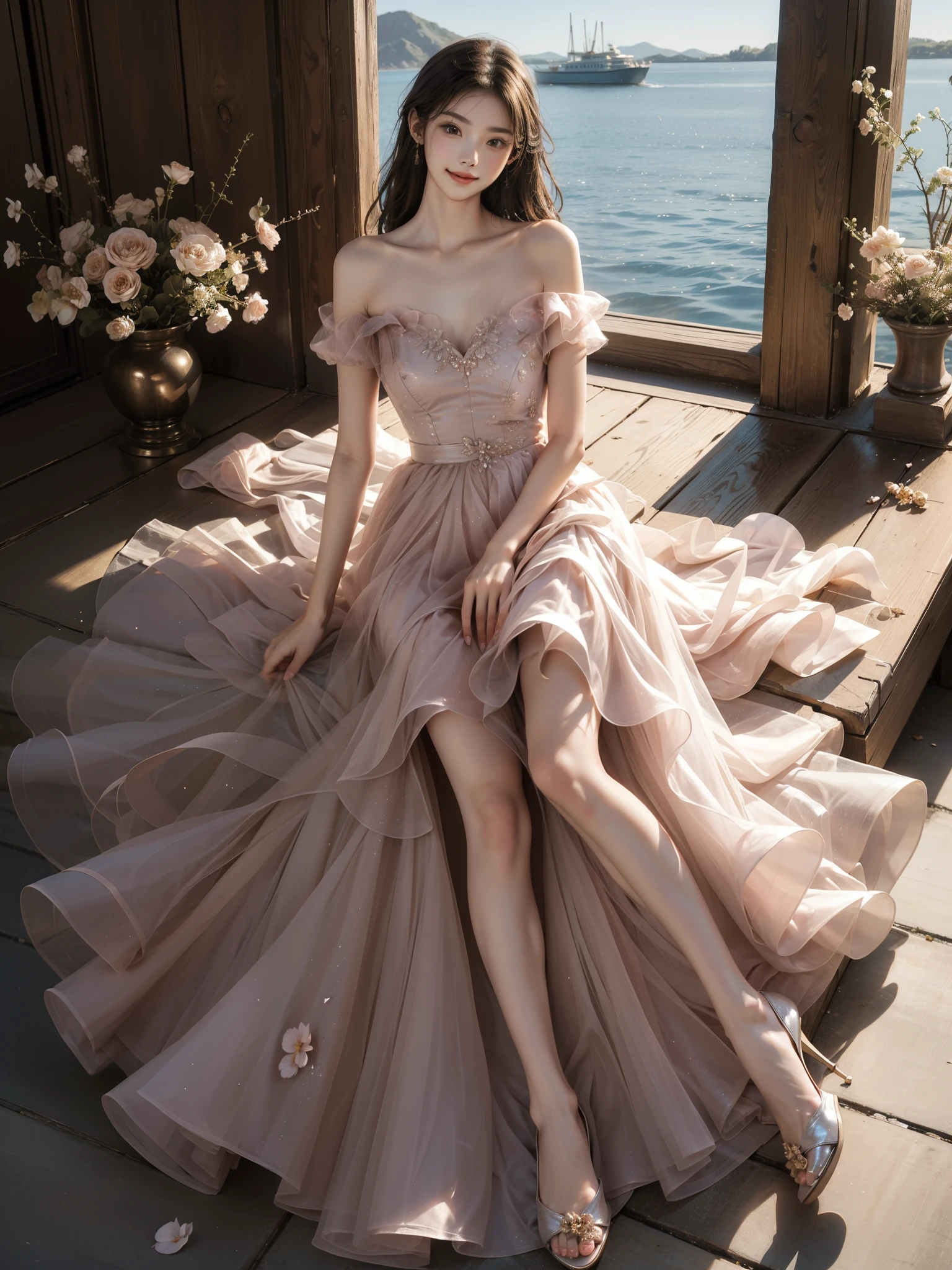 dress（(Girl lying in the swimming pool))、She gently lifted her skirt with one hand，Make gentle and playful gestures，((Lots of flowers瓣)), Lots of flowers，Many petals scattered，Cherry tree，Petals are flying all over the sky，Beautiful and charming woman, Elegantly, Her full breasts revealed.，Visible cleavage，Natural legs，Sexy long legs，Various slim and cute beauties, Her long hair poured down like a waterfall。She is smiling wide，Eyes sparkling，Her skin is flawless。Her curves are highlighted。Shine in the light，The color is pastel，She lay confidently，One hand on hip，Her posture is both graceful and strong..。She wore elegant high heels，It matches her dress very well.。In the warm golden sun。The overall atmosphere of the picture is peaceful and uplifting，Emphasis on natural beauty and elegance, Studio Lighting,Vibrant colors, Cute girl, sweet smile, cosmetic，Shy，blush，open mouth，Heavy breathing，moan，超realism，realism，Movie Lighting，Comfort，Sony FE GM，Retina，masterpiece，precise，Anatomically correct，Textured Skin，Super Detail，High Detail，best quality，rich and colorful